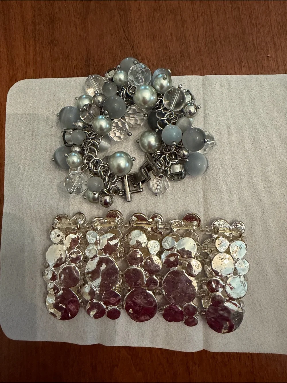 Two- Silver pearl Beaded Charm Bracelet and hammered silver mob wife classic